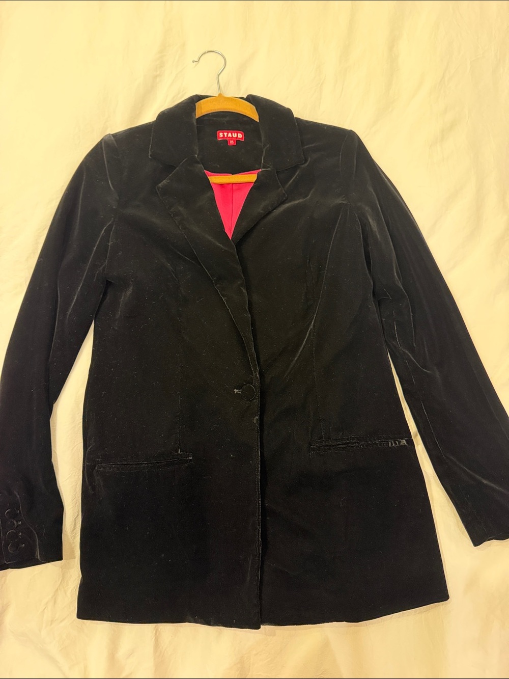 STAUD Black Velvet Single-Button Blazer with Pink Lining